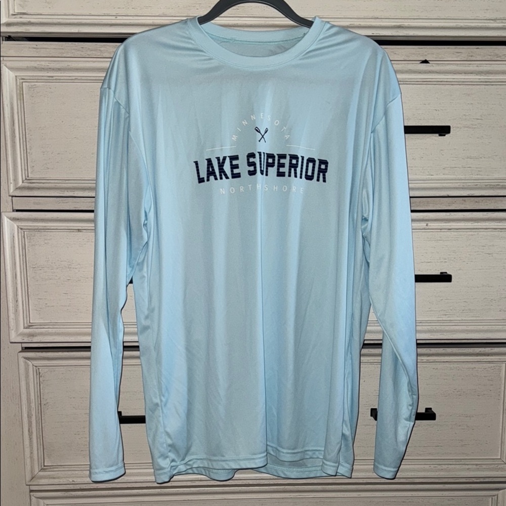Light Blue Lake Superior Long Sleeve Shirt dry fit material